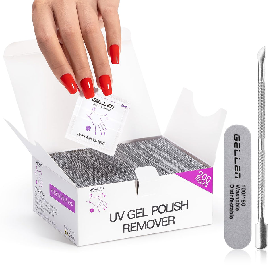 GELLEN front packaging showing 200 individually wrapped remover pads and tools, convenient