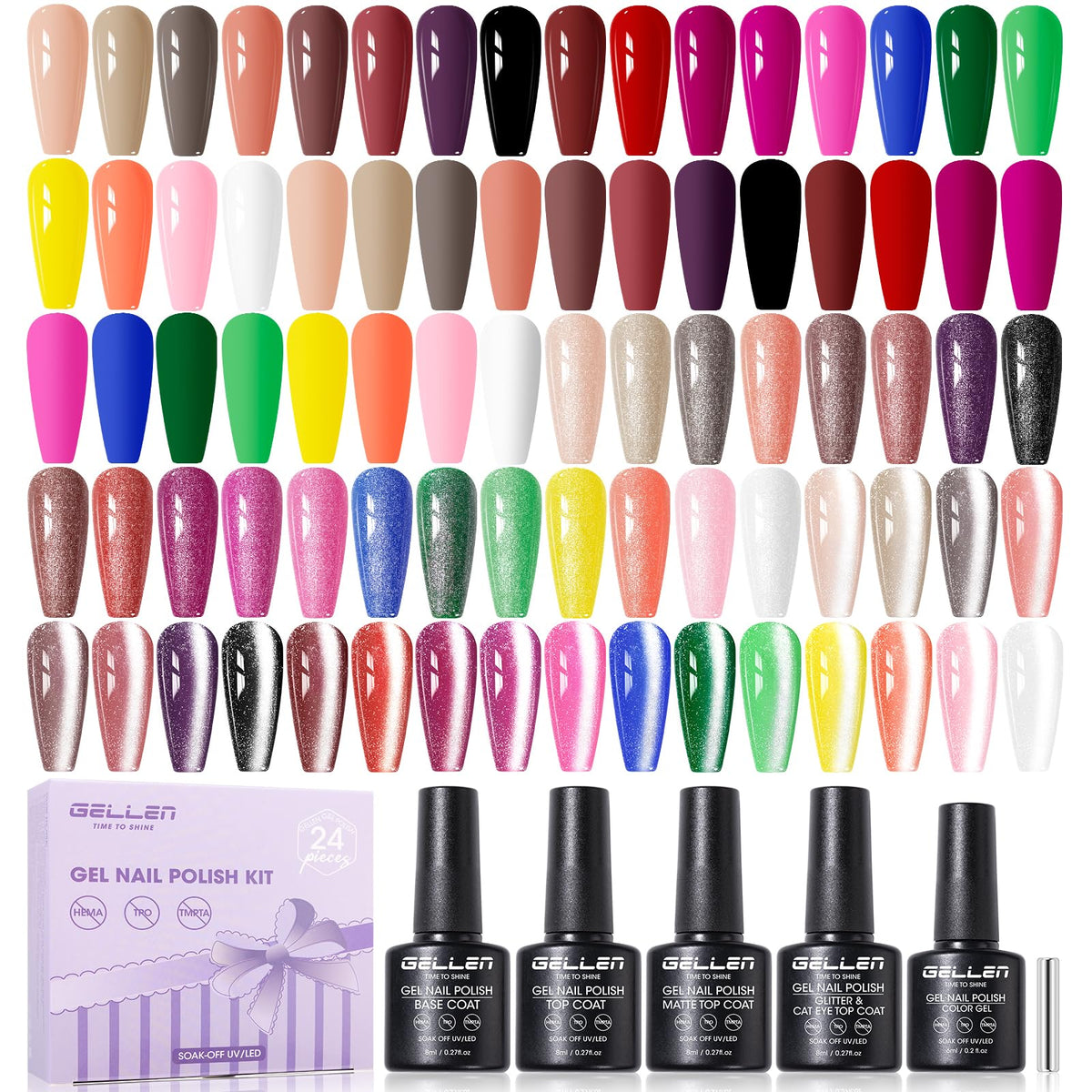 GELLEN front packaging showing full 24-piece kit and organized bottles for easy selection
