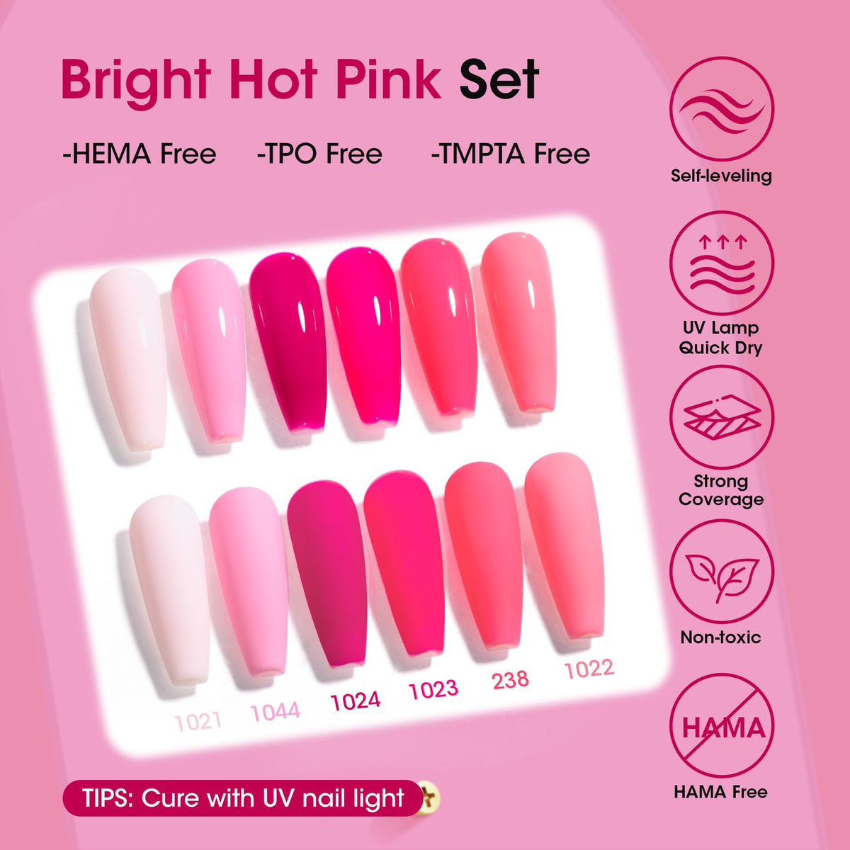 GELLEN swatches displaying six vibrant hot pink shades for color choice