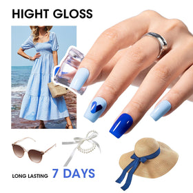 GELLEN on natural nails lifestyle shot showing salon-glossy blue manicure