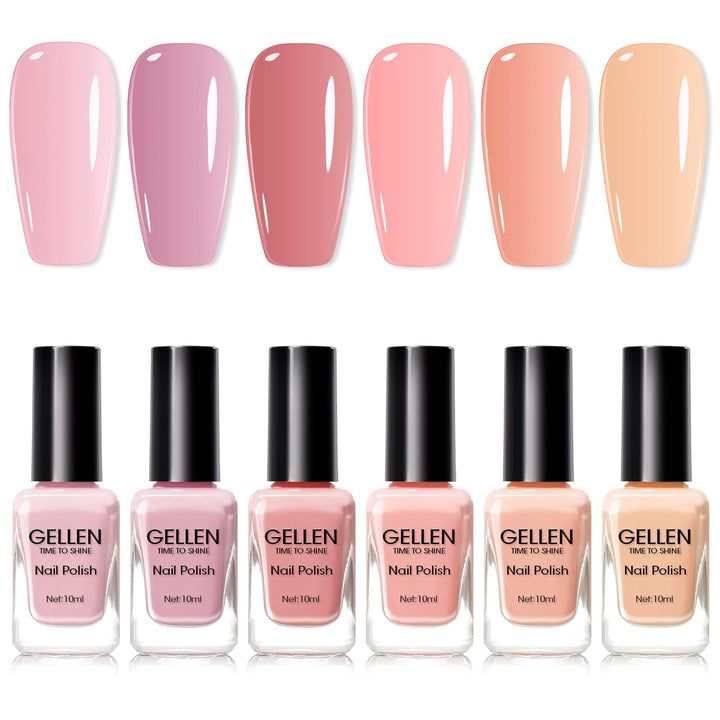 GELLEN front packaging showing six nude polish bottles and set benefit