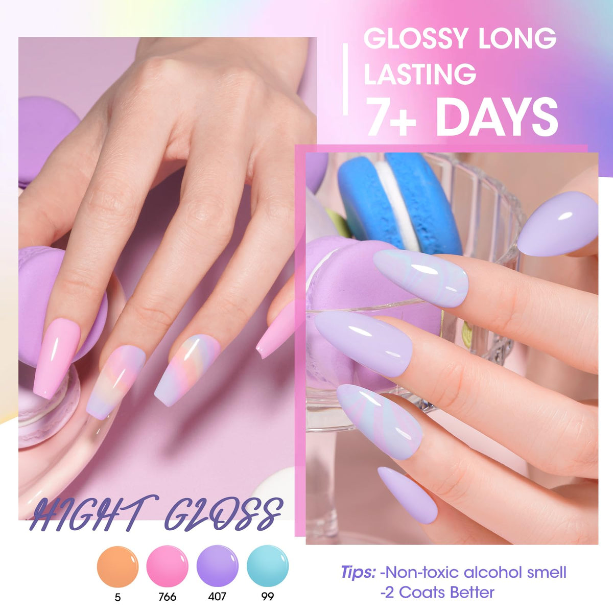 GELLEN swatches on fake nails illustrating uniform adhesion and true color payoff
