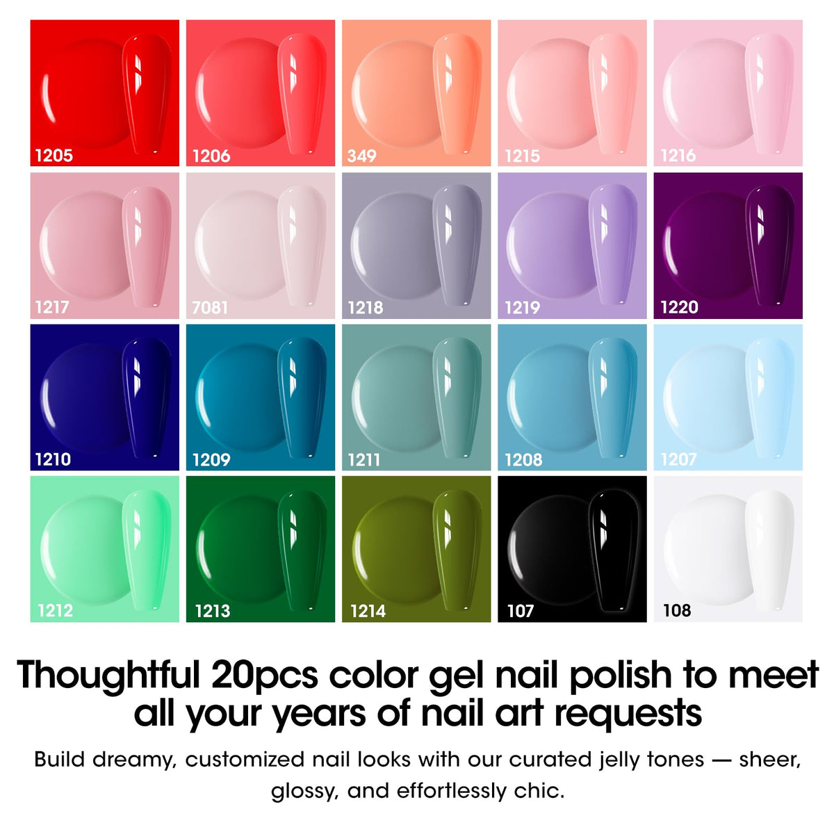 GELLEN row of 20 color bottles displaying reds blues greens for versatile styling