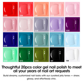 GELLEN row of 20 color bottles displaying reds blues greens for versatile styling