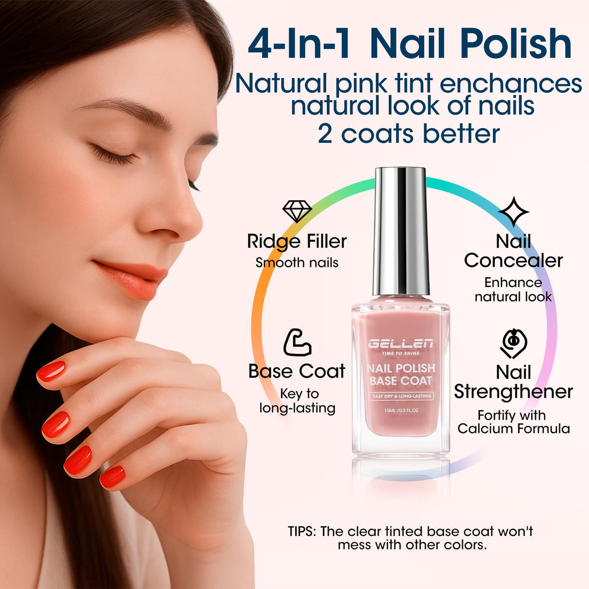 GELLEN sheer pink base bottle angled to show color and finish