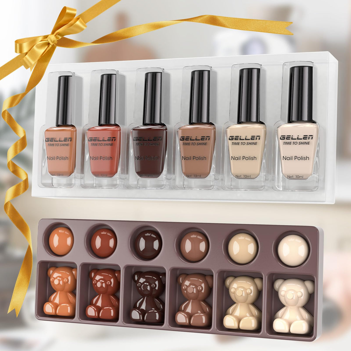 GELLEN swatch palette on skin showing six brown shades for color choice
