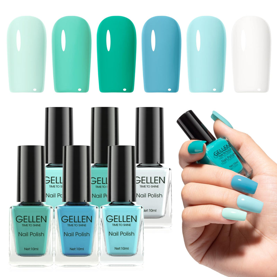 GELLEN front packaging showing six teal and turquoise bottles, perfect palette