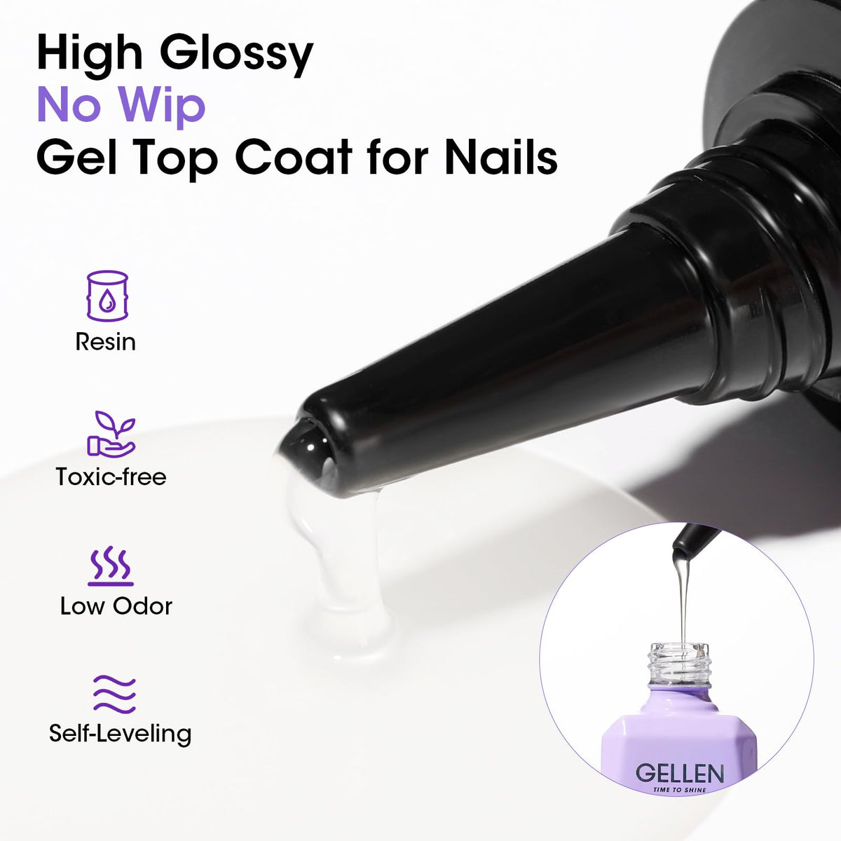 GELLEN texture swatches illustrating non-yellowing clear finish and durable shine benefit