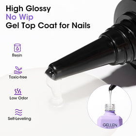GELLEN texture swatches illustrating non-yellowing clear finish and durable shine benefit