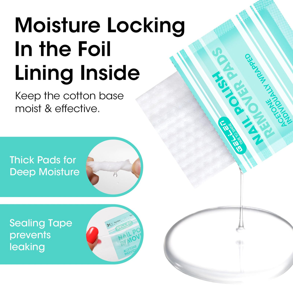 GELLEN pad wrapped around nail demonstrating gel soak technique and effectiveness