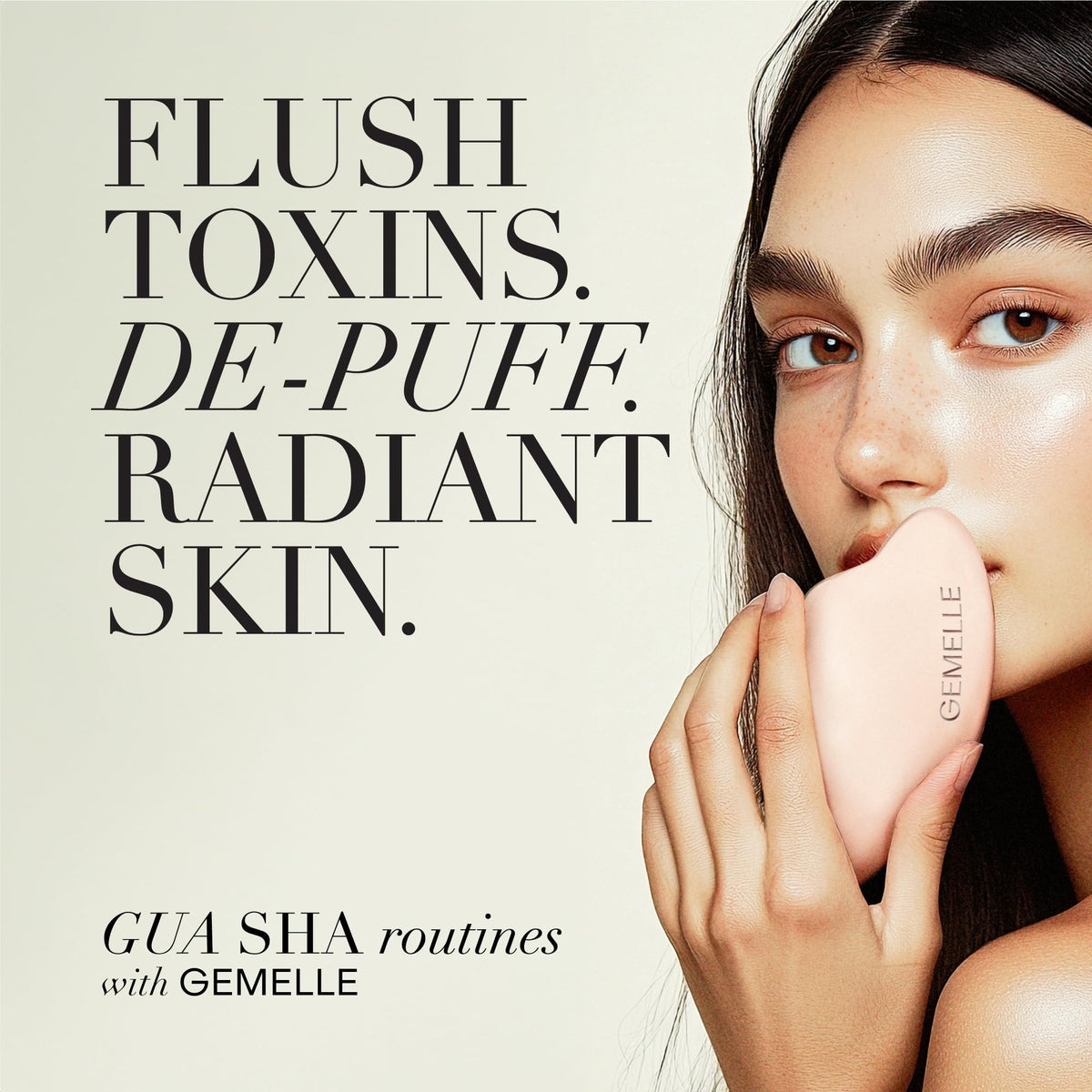 GEMELLE gua sha stone in use along jawline, enhancing sculpting ritual