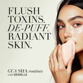 GEMELLE gua sha stone in use along jawline, enhancing sculpting ritual