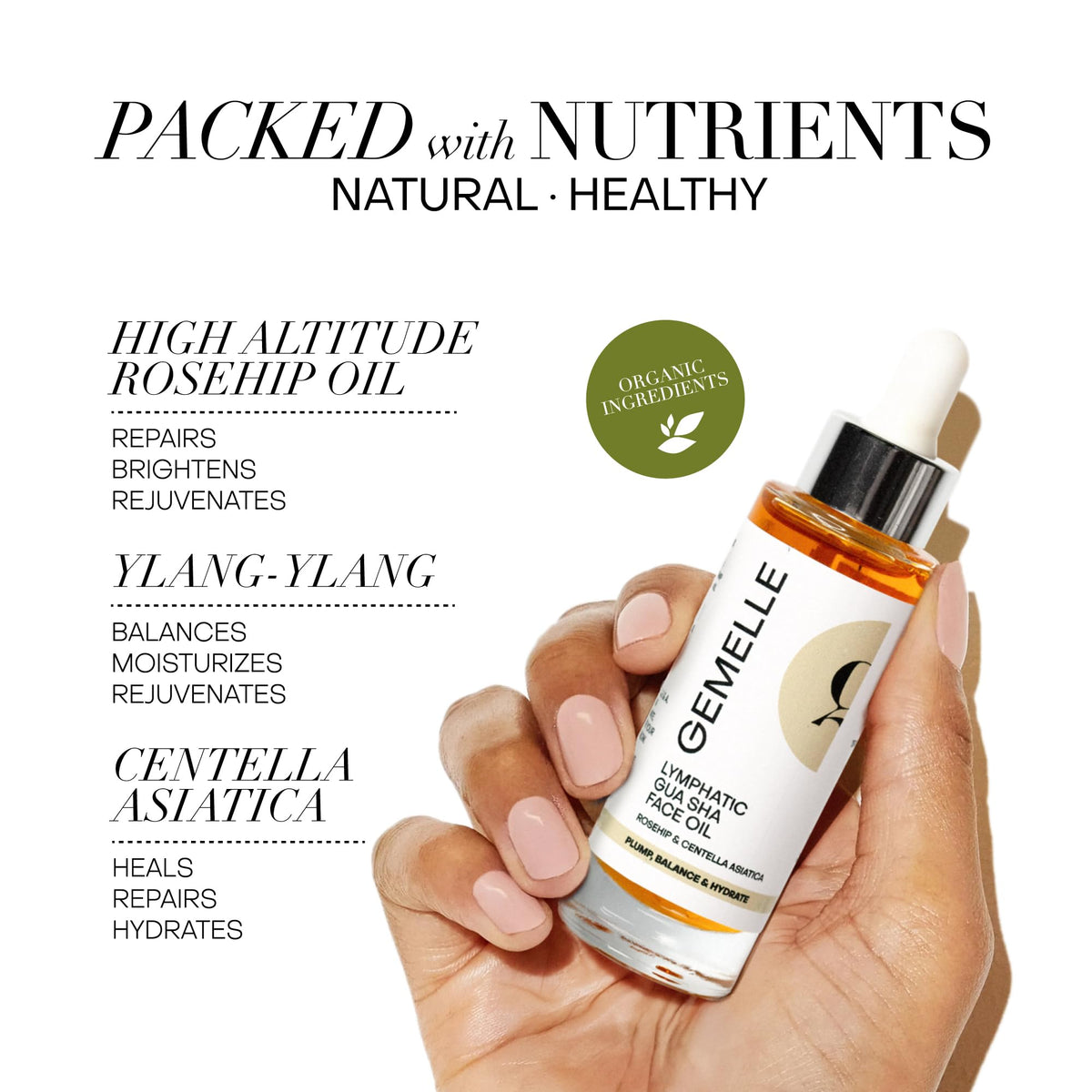 GEMELLE ingredient bottles with rosehip and centella, promoting nourishment