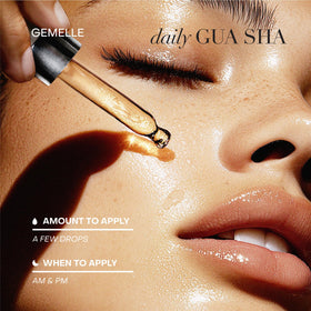 GEMELLE label ingredient detail showing botanicals like rosehip and bakuchiol for skin support