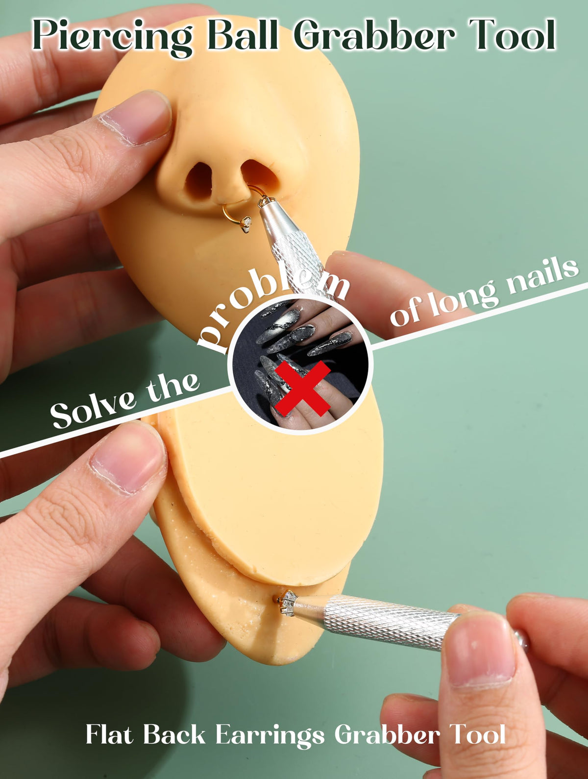 GEMQUEEN piercing clamp holding a flat-back earring for controlled jewelry swapping