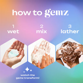 gemz shampoo lather in hands showing easy activation and rich foam
