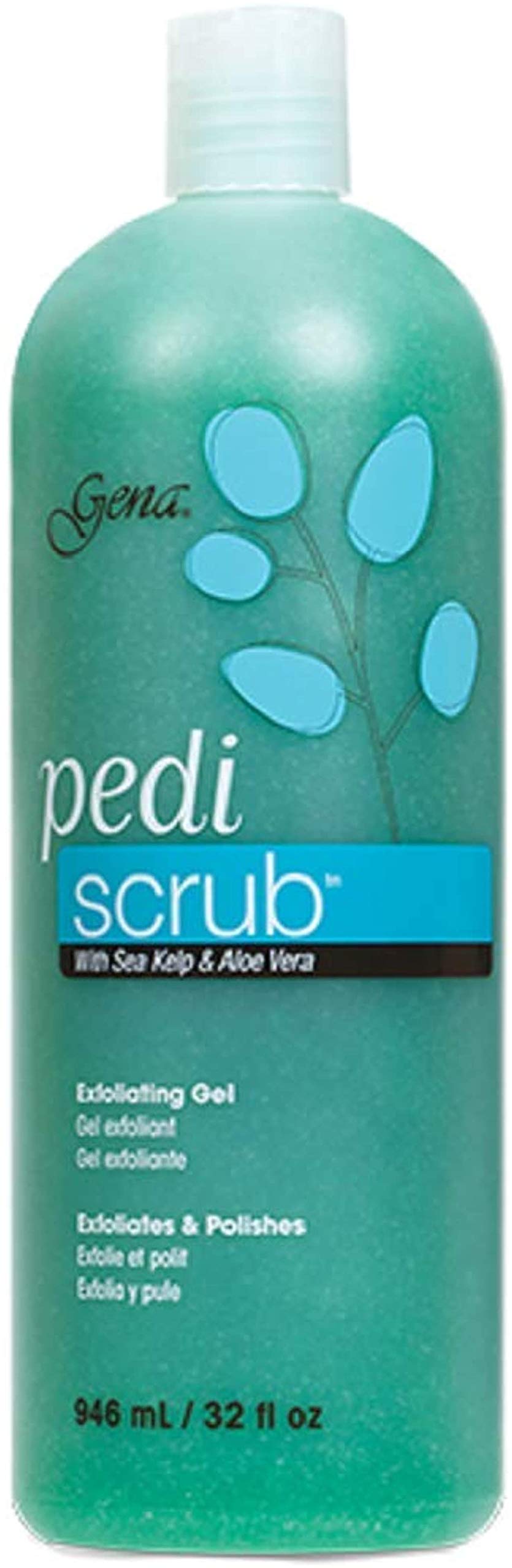 Gena Pedi Scrub Gel front bottle showing label and large 32 fl oz size, salon‑ready