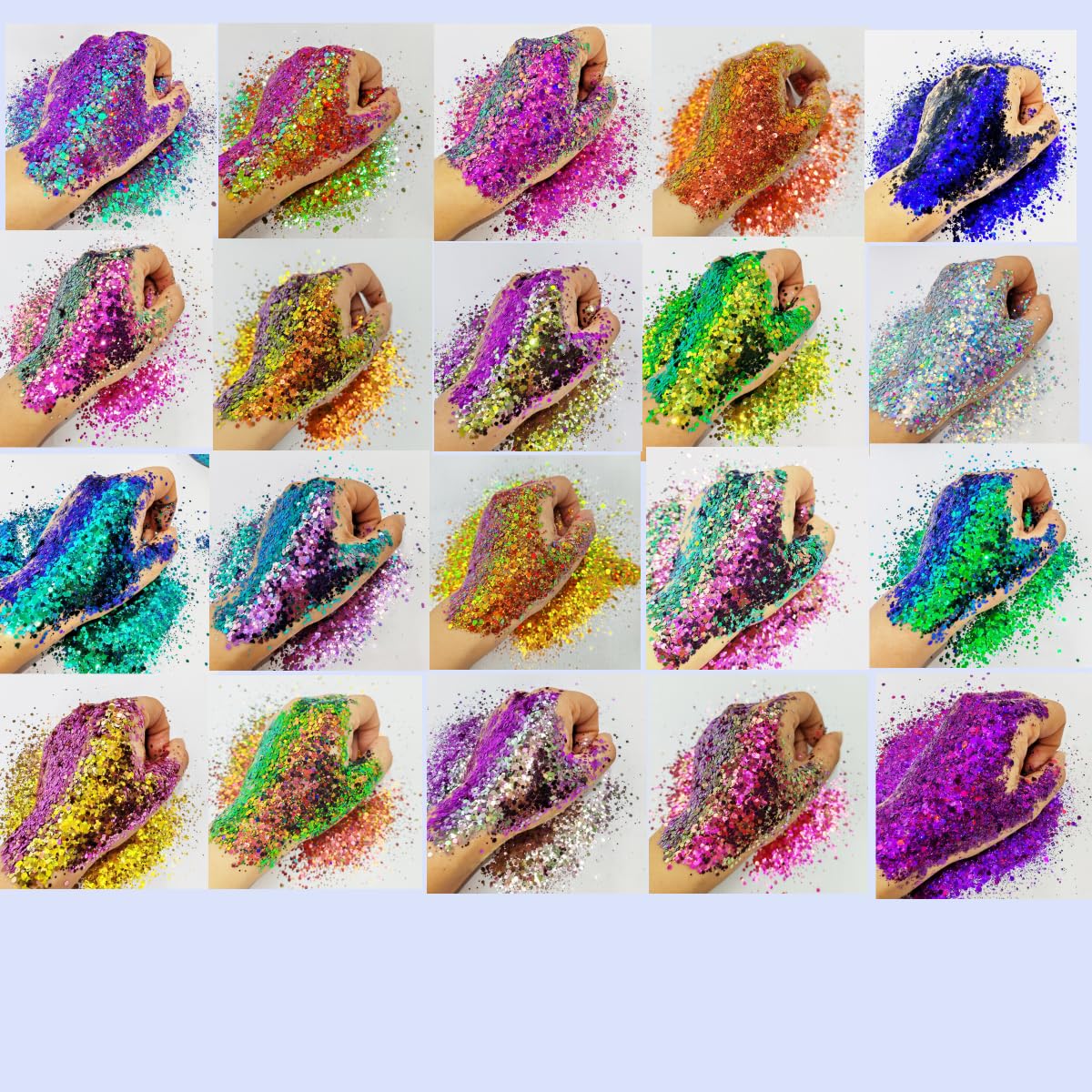 Generic brand top view of 20 bottles array showing color variety benefit