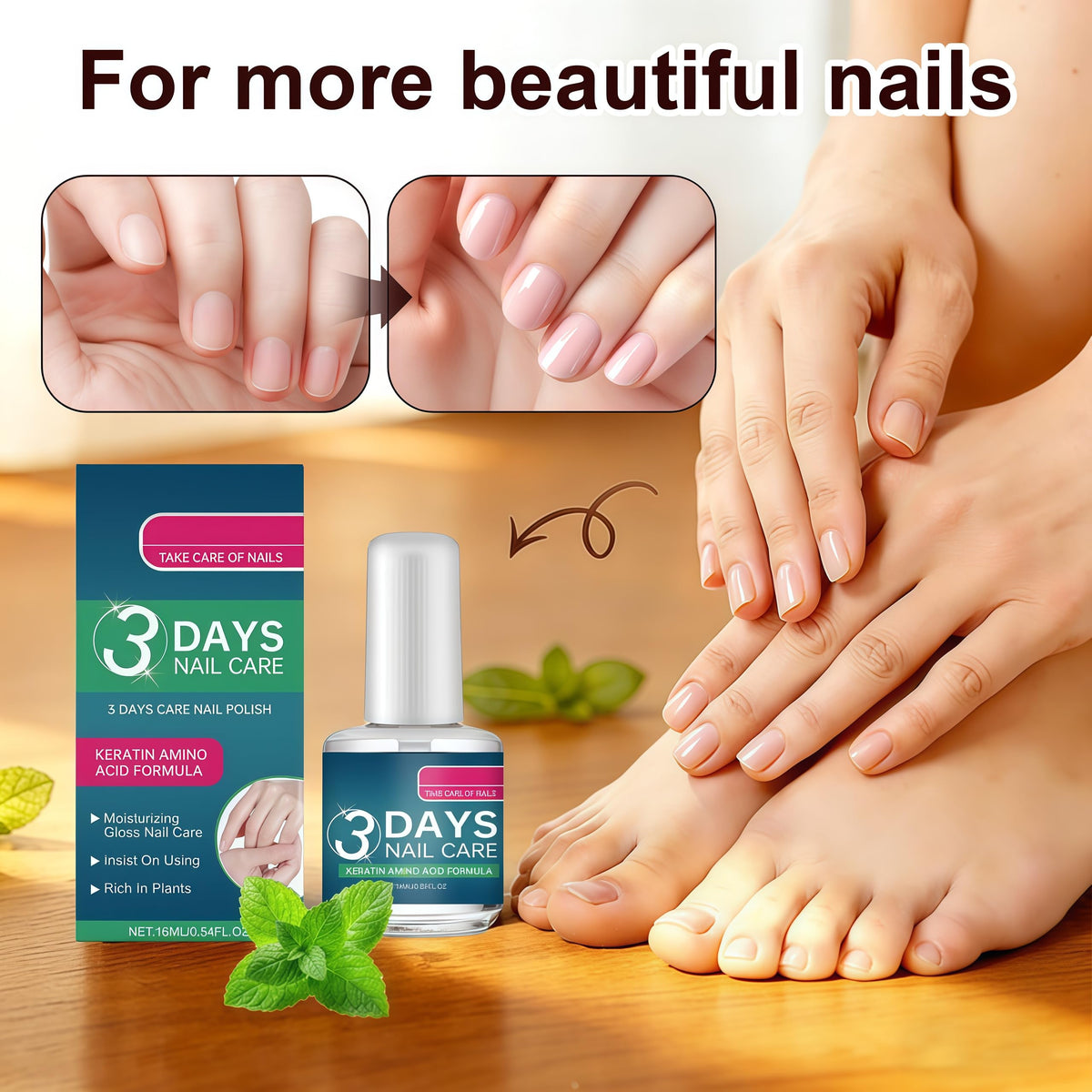 Generic 3 Days Nail Care Oil bottle close-up highlighting brush and keratin formula