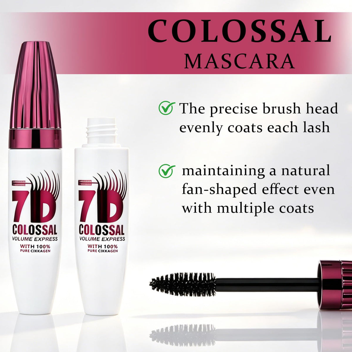 Generic 7D mascara applied on lashes demonstrating curl and lift benefit