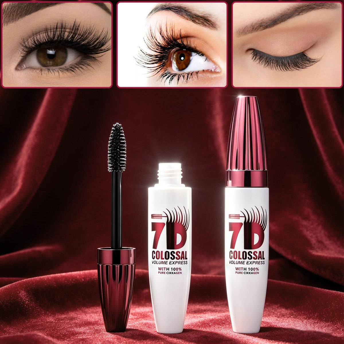 Generic 7D mascara before and after comparison showing fuller lashes benefit