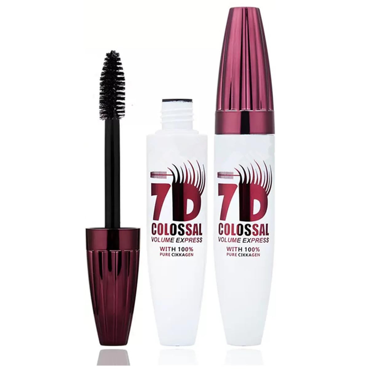 Generic 7D Waterproof Volume Mascara front packaging shows product and branding, clear benefit of portability