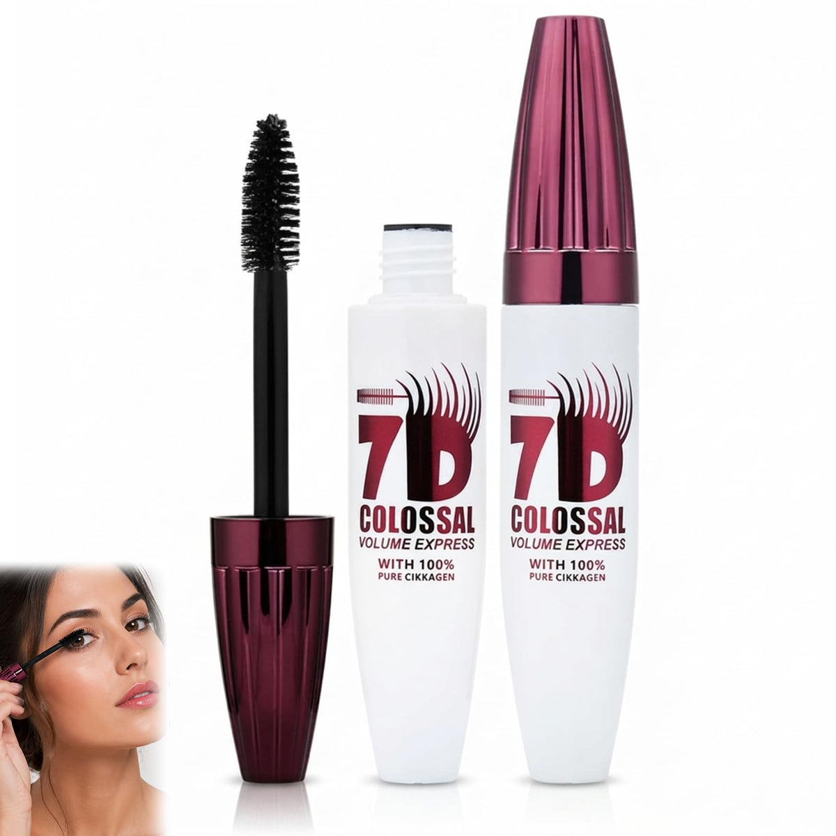 Generic 7D mascara front tube showing sleek packaging and travel benefit