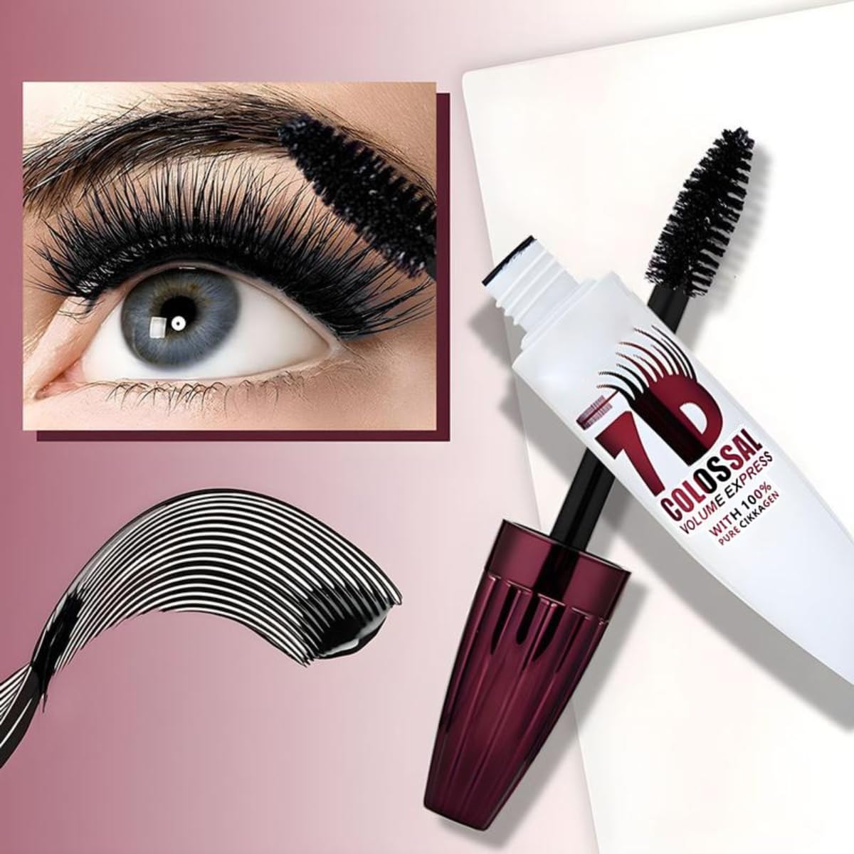 Generic 7D mascara open tube detail revealing wand and product pickup for consistent application