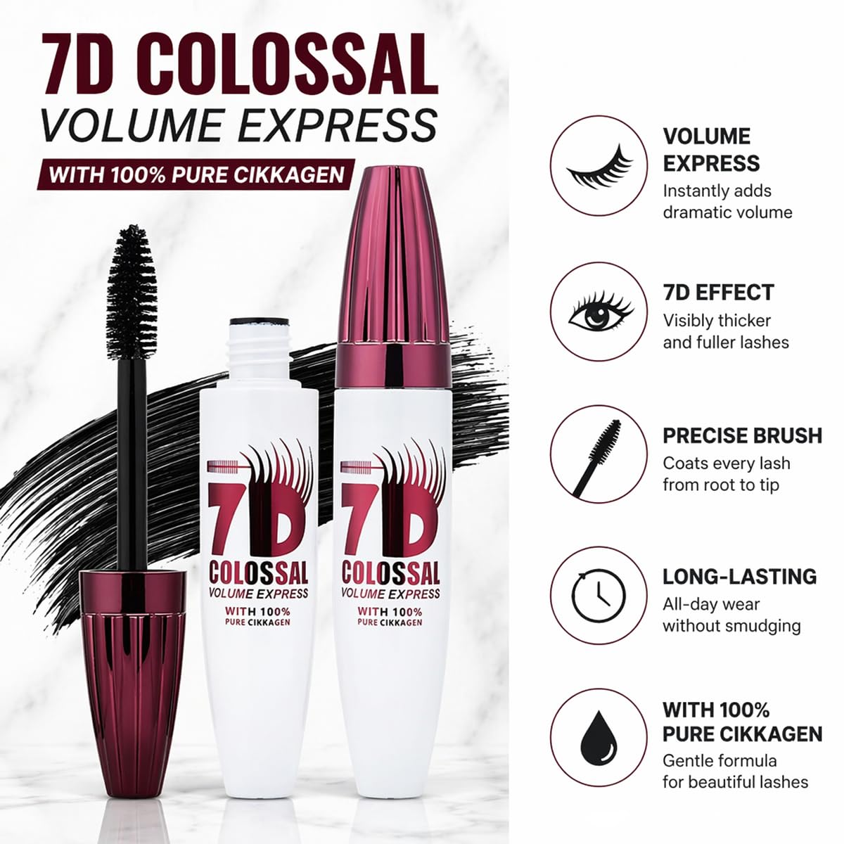 Generic 7D mascara swatch on arm showing fiber texture for added length