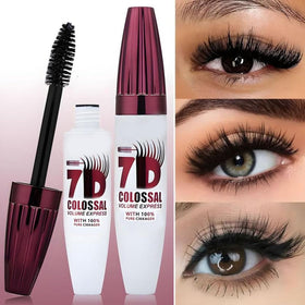 Generic 7D mascara texture swipe on skin showing smooth, fiber-rich formula for buildable thickness