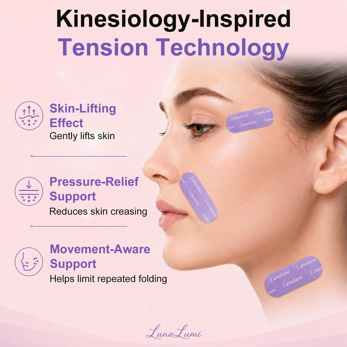 Generic application demo placing forehead patch, easy peel-and-apply for lifting support
