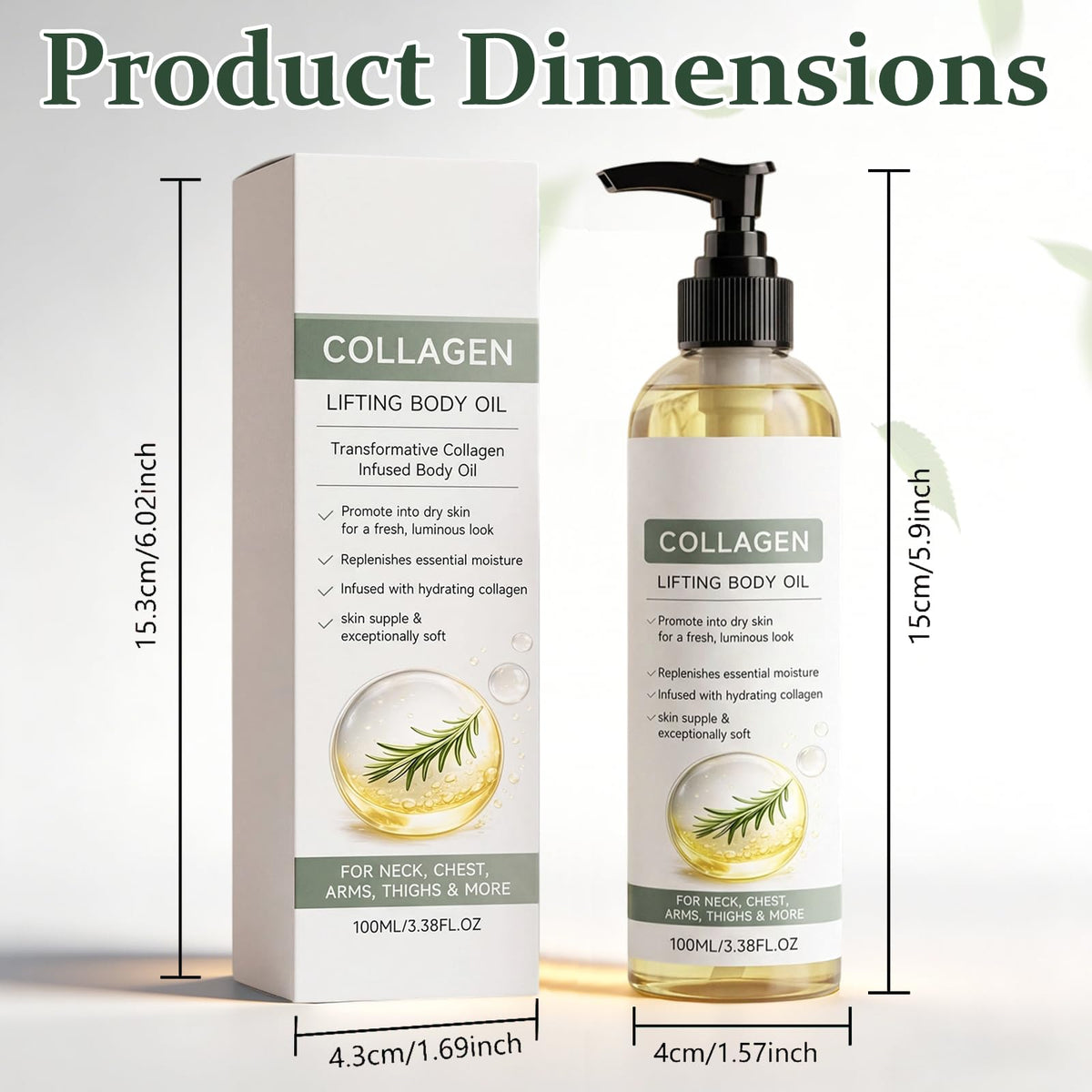 Generic applying oil to neck and décolletage, Generic promotes firmer feeling skin