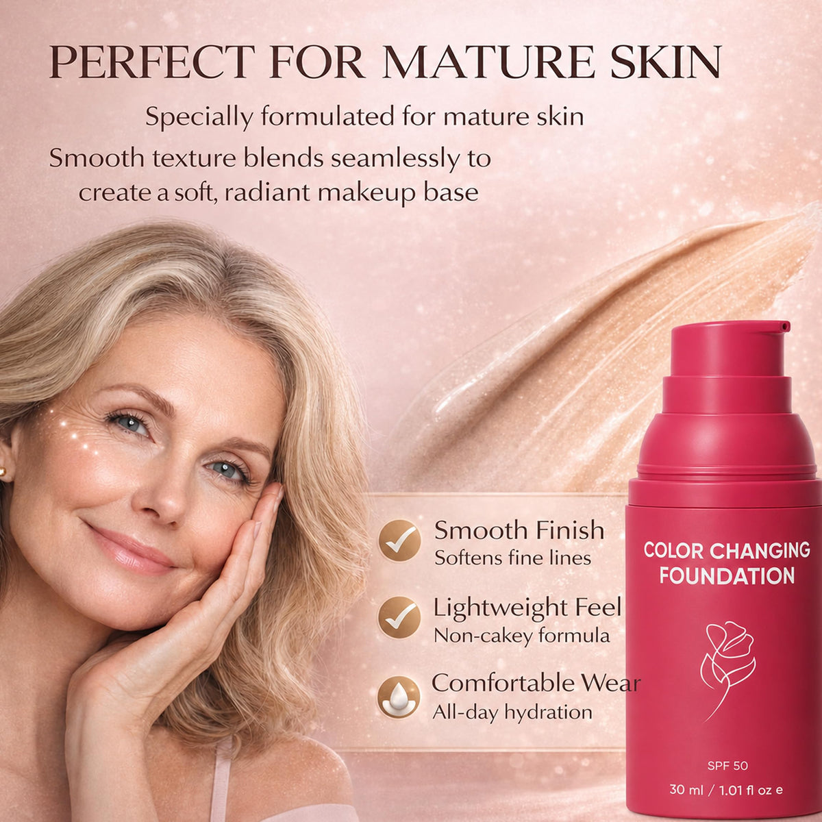 Generic application on mature skin demonstrating hydration and fine-line smoothing
