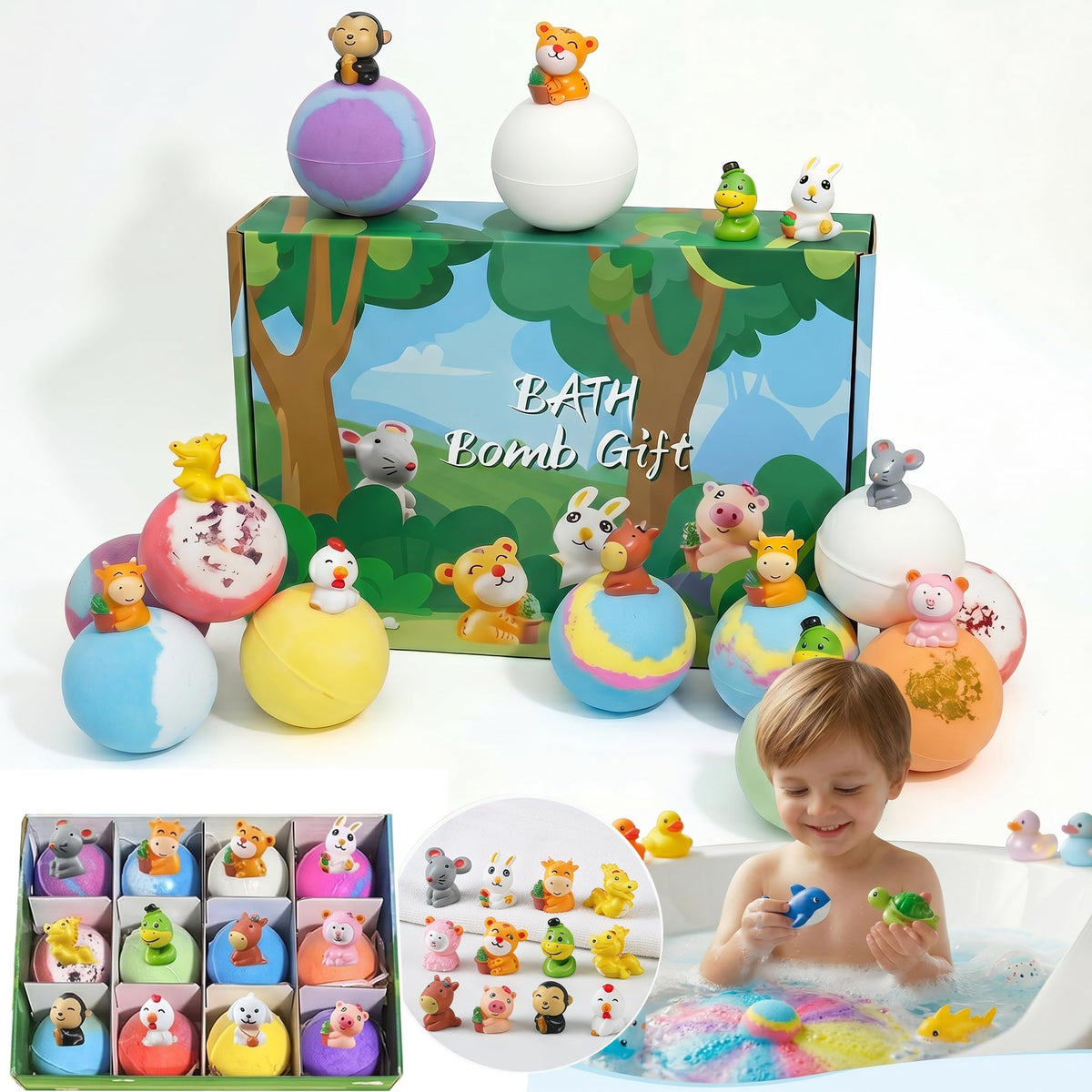 Generic box front showing 12 colorful bath bombs and gift-ready packaging benefit: easy gifting