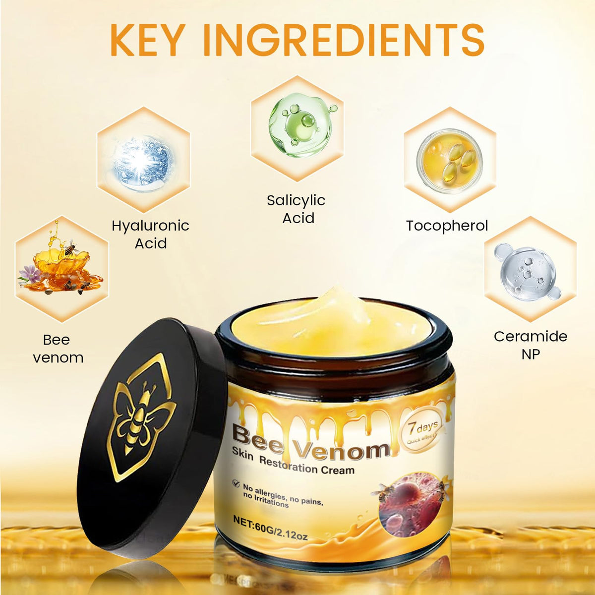 Generic brand ingredient panel closeup showing bee venom, hyaluronic acid benefits