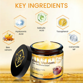 Generic brand ingredient panel closeup showing bee venom, hyaluronic acid benefits
