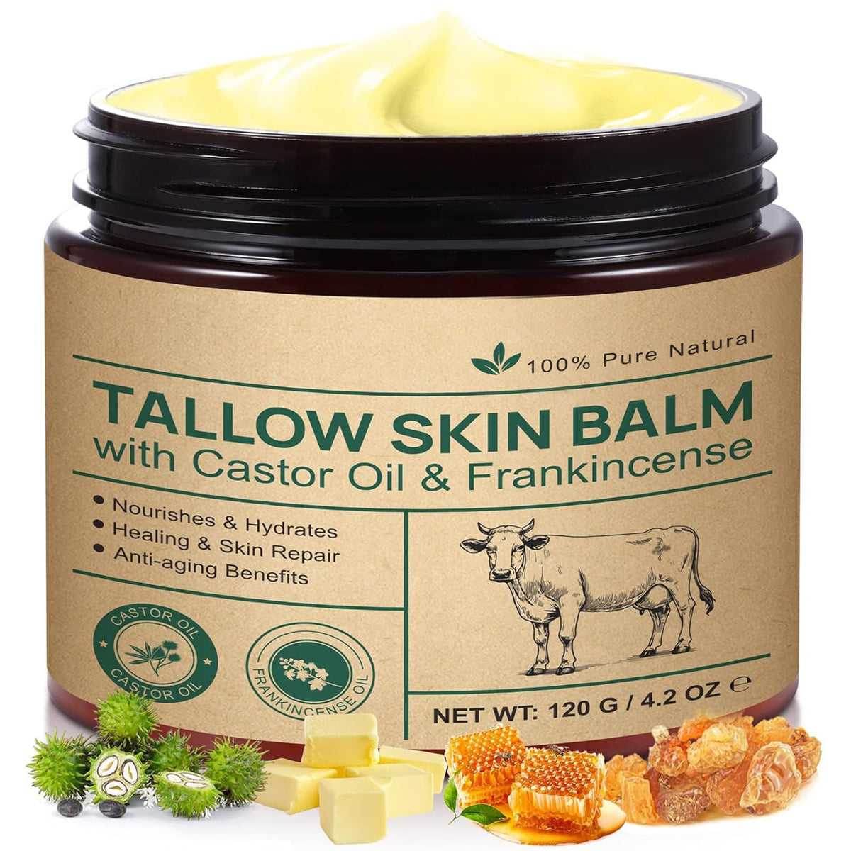 Generic beef tallow jar front view showing label and 120g size, highlighting nourishing balm