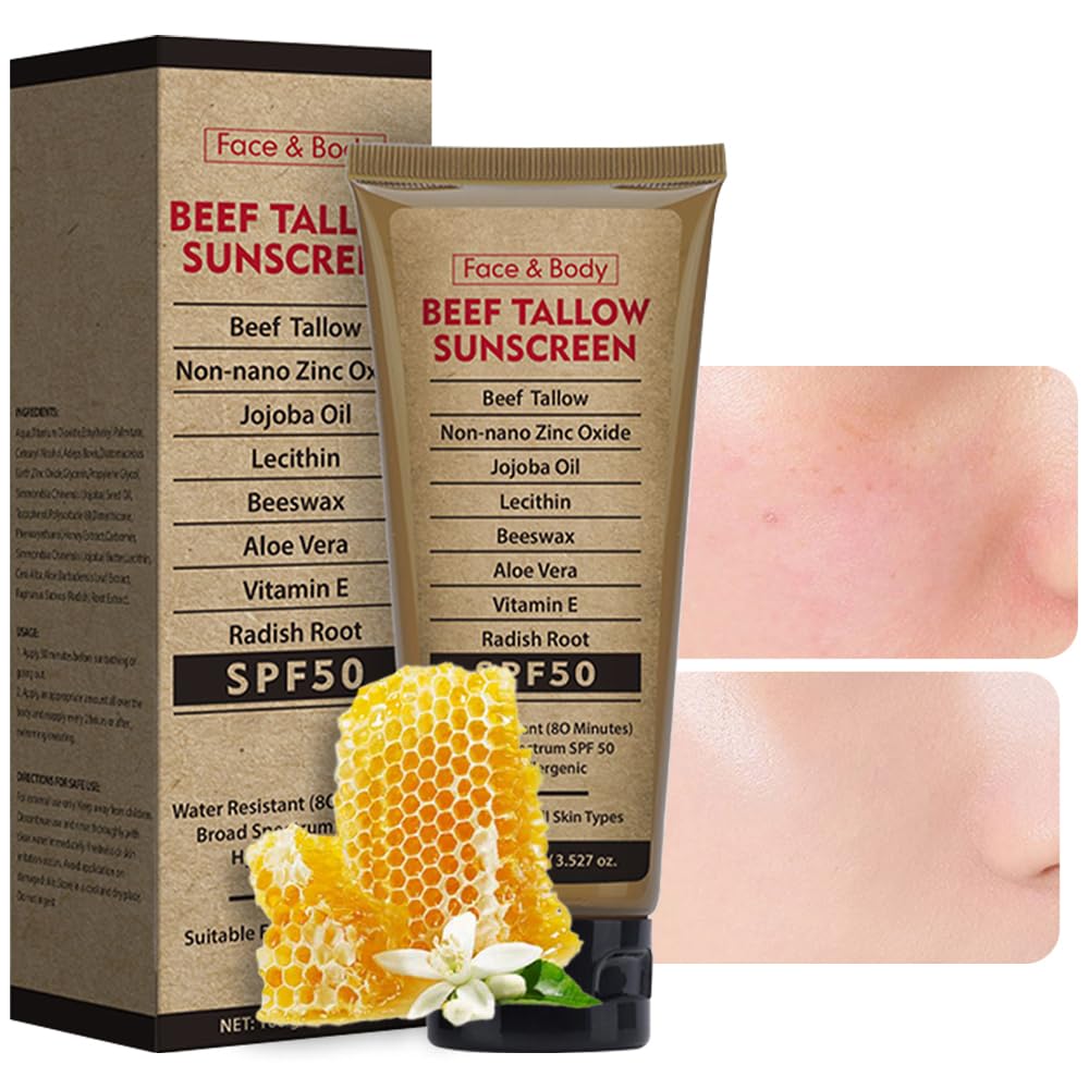 Generic grass-fed beef tallow sunscreen front packaging showing SPF 50 protection benefit