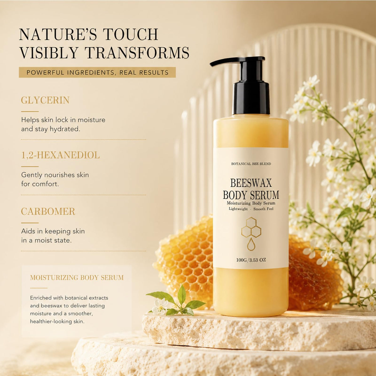 Generic beeswax body serum applied on arm demonstrating smooth skin and lasting hydration