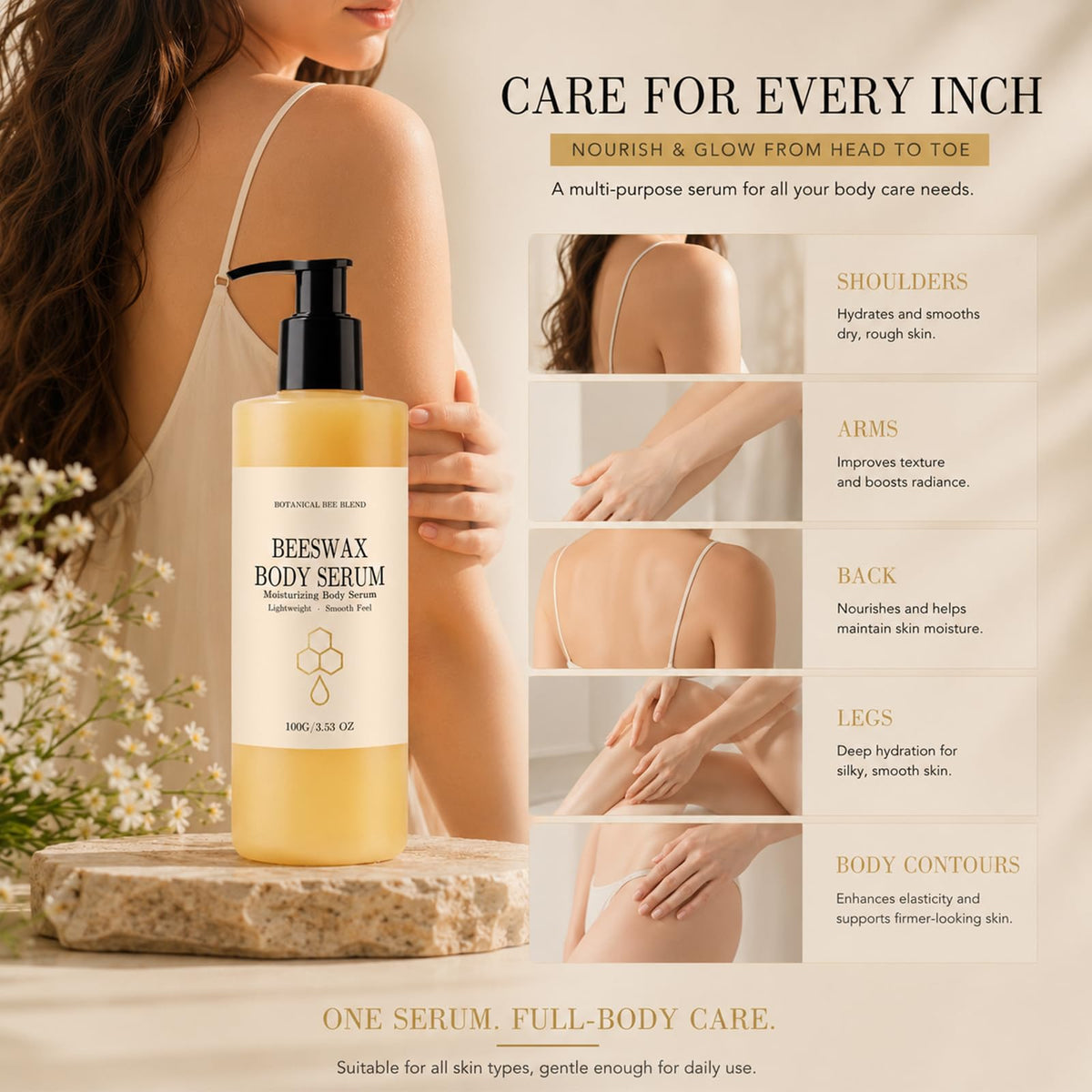 Generic beeswax body serum application on damp skin demonstrating moisture sealing