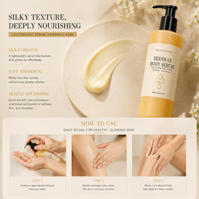 Generic beeswax body serum in bathroom lifestyle scene showing post-shower hydration benefit