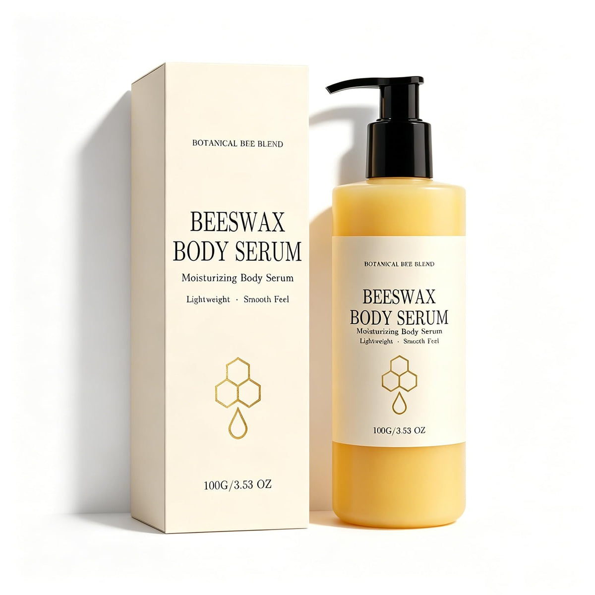 Generic beeswax body serum front packaging showing bottle and label benefits