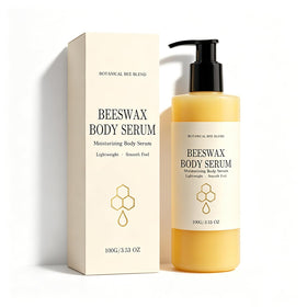 Generic beeswax body serum front packaging showing bottle and label benefits