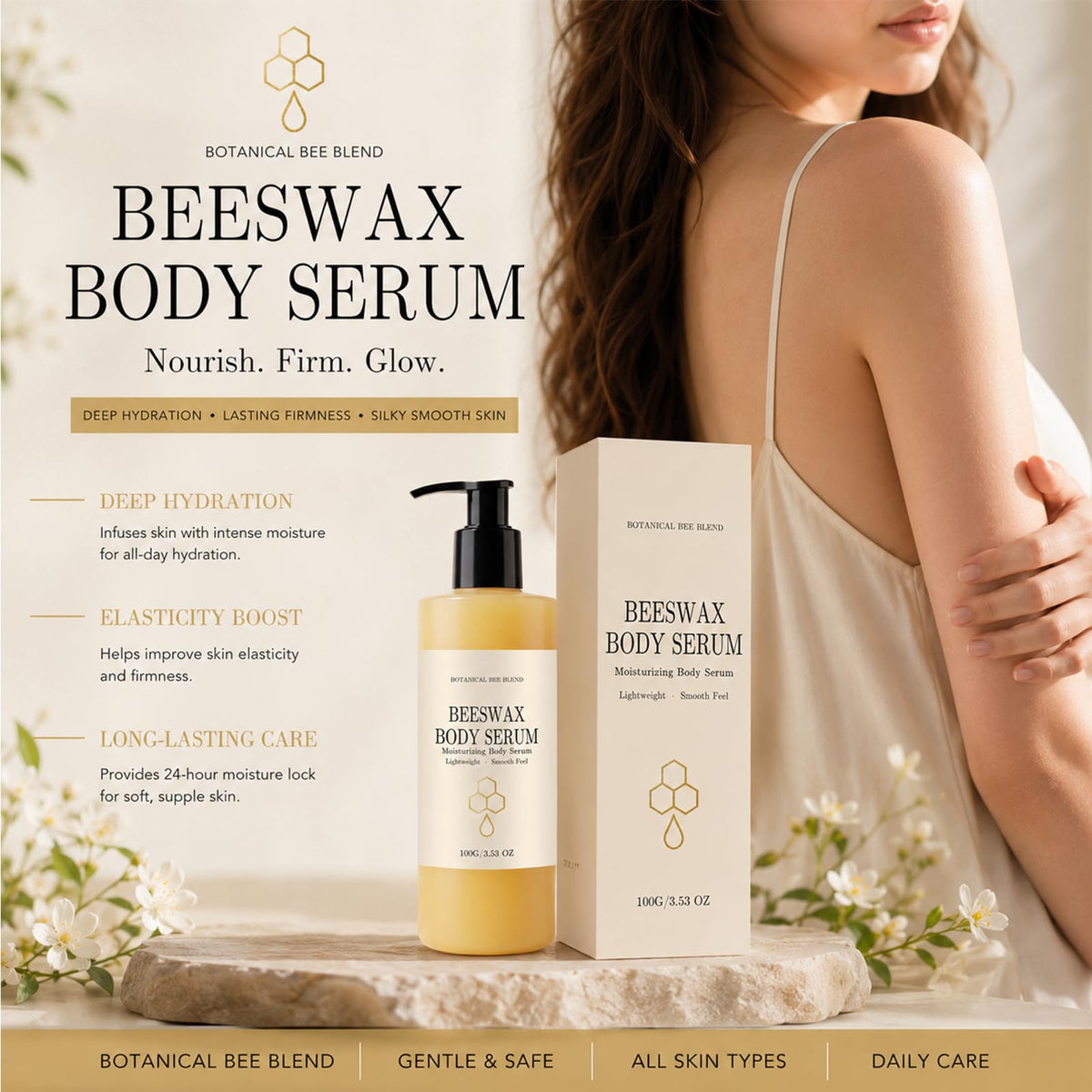 Generic beeswax body serum pump and label highlighting easy dispensing and fast absorption