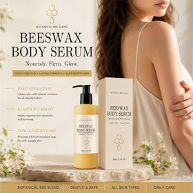 Generic beeswax body serum pump and label highlighting easy dispensing and fast absorption