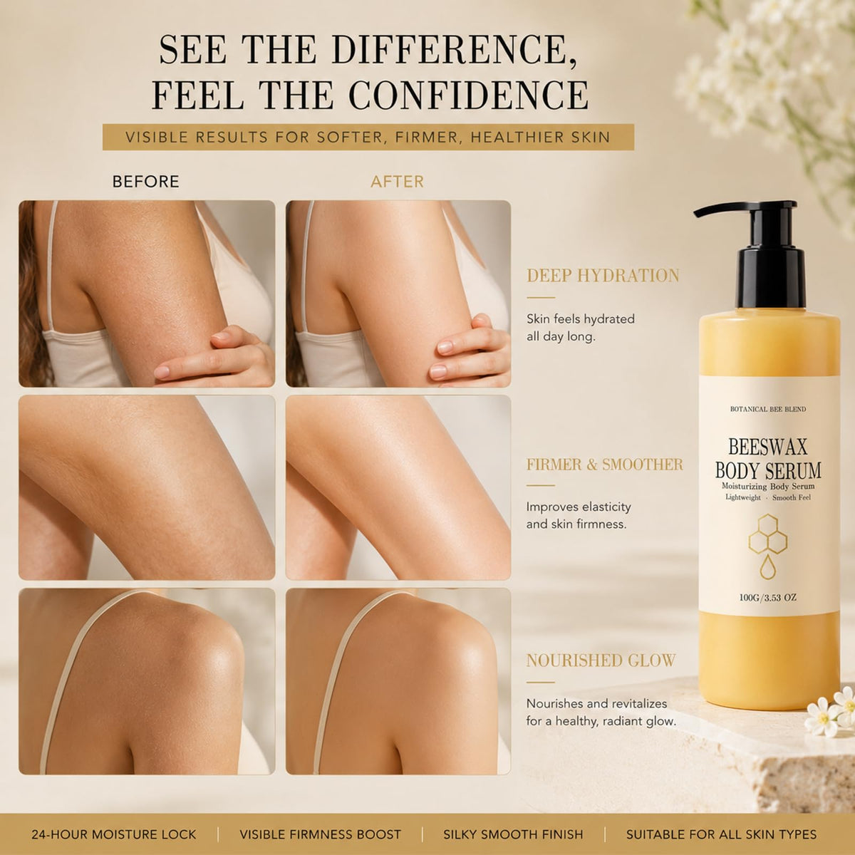 Generic beeswax body serum size and scale next to hand for portion guidance