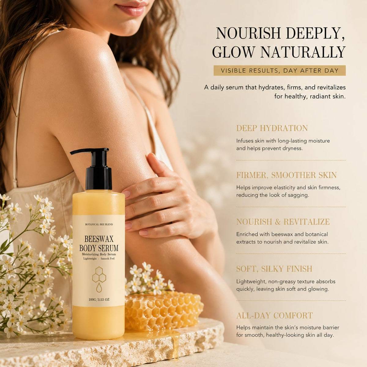 Generic beeswax body serum texture drop displaying lightweight oil and silky finish benefit