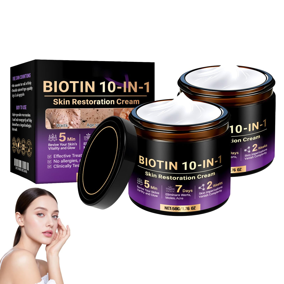 Generic Biotin 10-in-1 front packaging showing two jars and product branding for easy storage