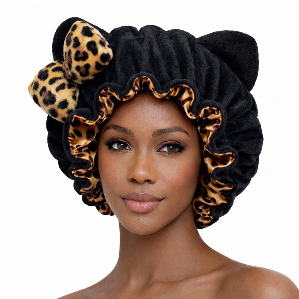 Generic black leopard bonnet front view showing plush ears and bow, stylish protection