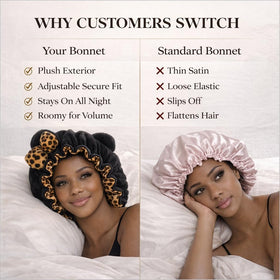 Generic model wearing bonnet while reclining, comfortable nighttime hair protection